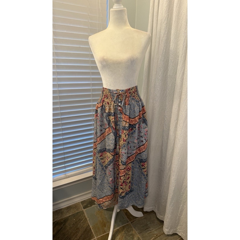 Rose‎ & Thyme Maxi Skirt Sz S Smocked Waist Button Front Boho Patchwork Floral